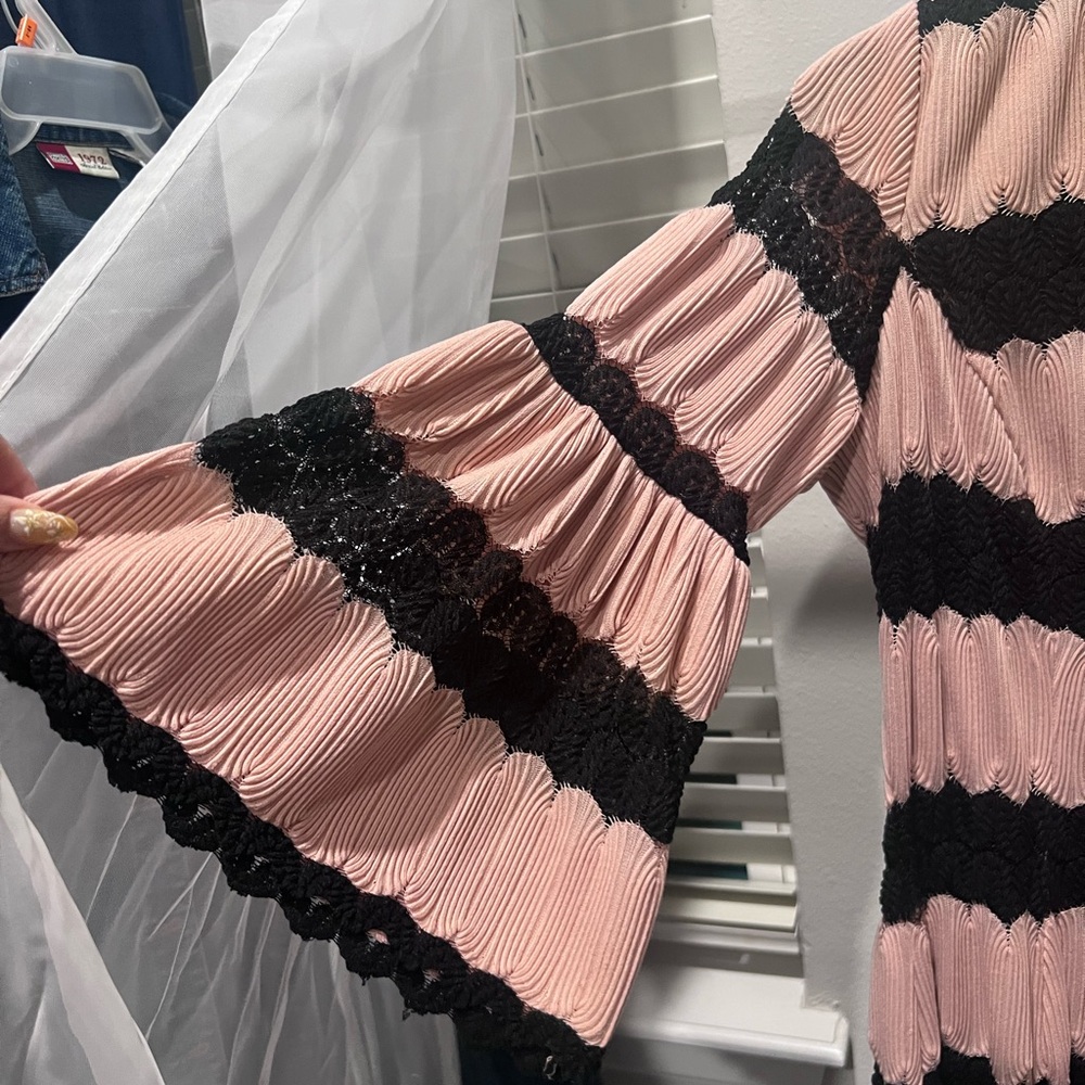 Taylor Apricot Black Lace-Stripe Bell-Sleeve A-Line Dress 10 - Picture 9 of 9